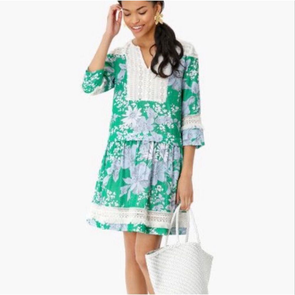 Tuckernuck Pippa Fringe Dress Green Floral Lace Boho Shift Medium